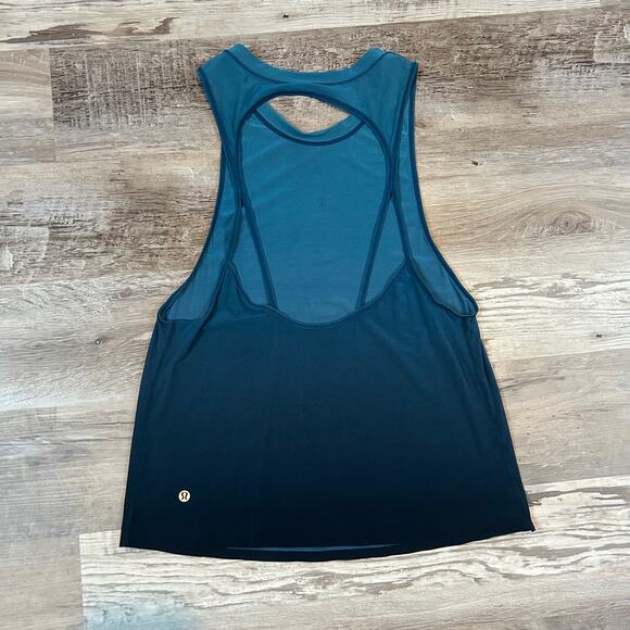 Lululemon Ombre Mesh Racerback Tank Top Teal Black Open Back Lightweight Medium - Picture 3 of 6